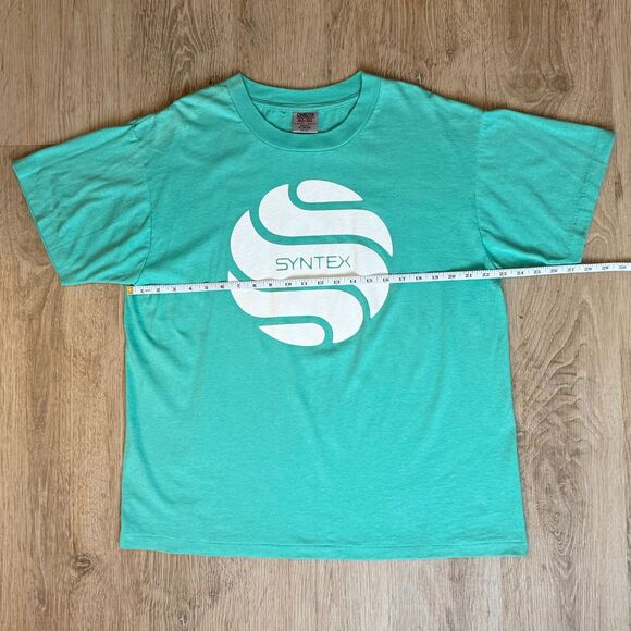 Oneita Graphic T-Shirt Syntex Logo Green XL USA Made Single Stitch 50/50 Blend - Picture 5 of 7